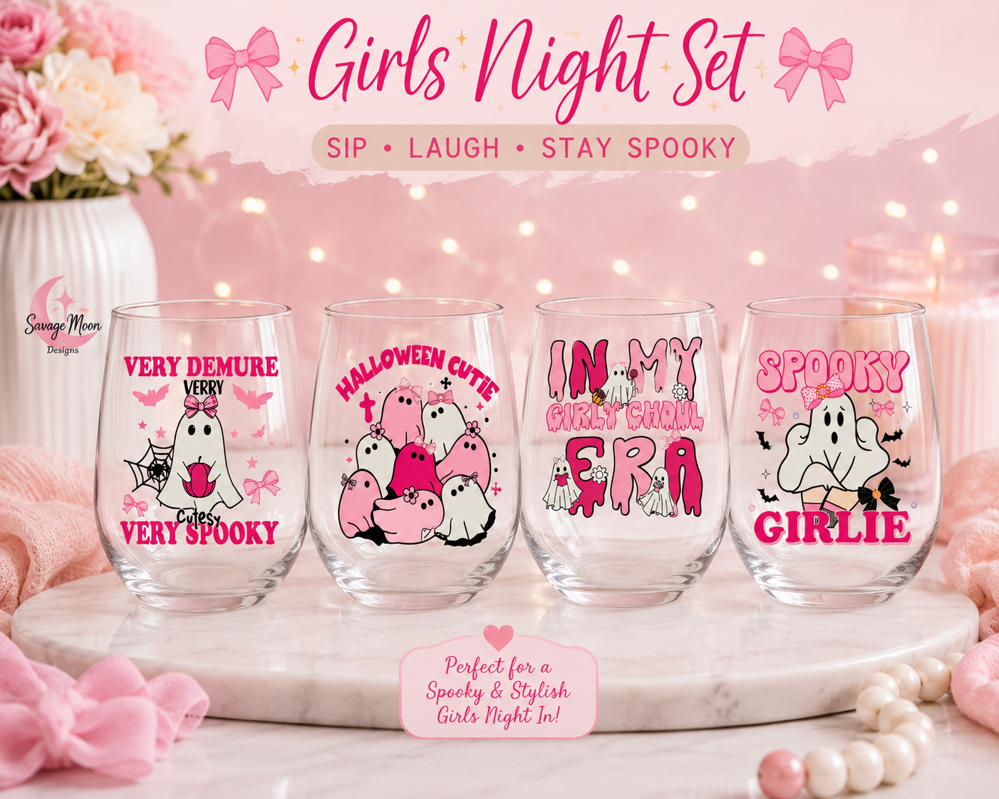 Cutesy Halloween Girls Night Wine Glass Set