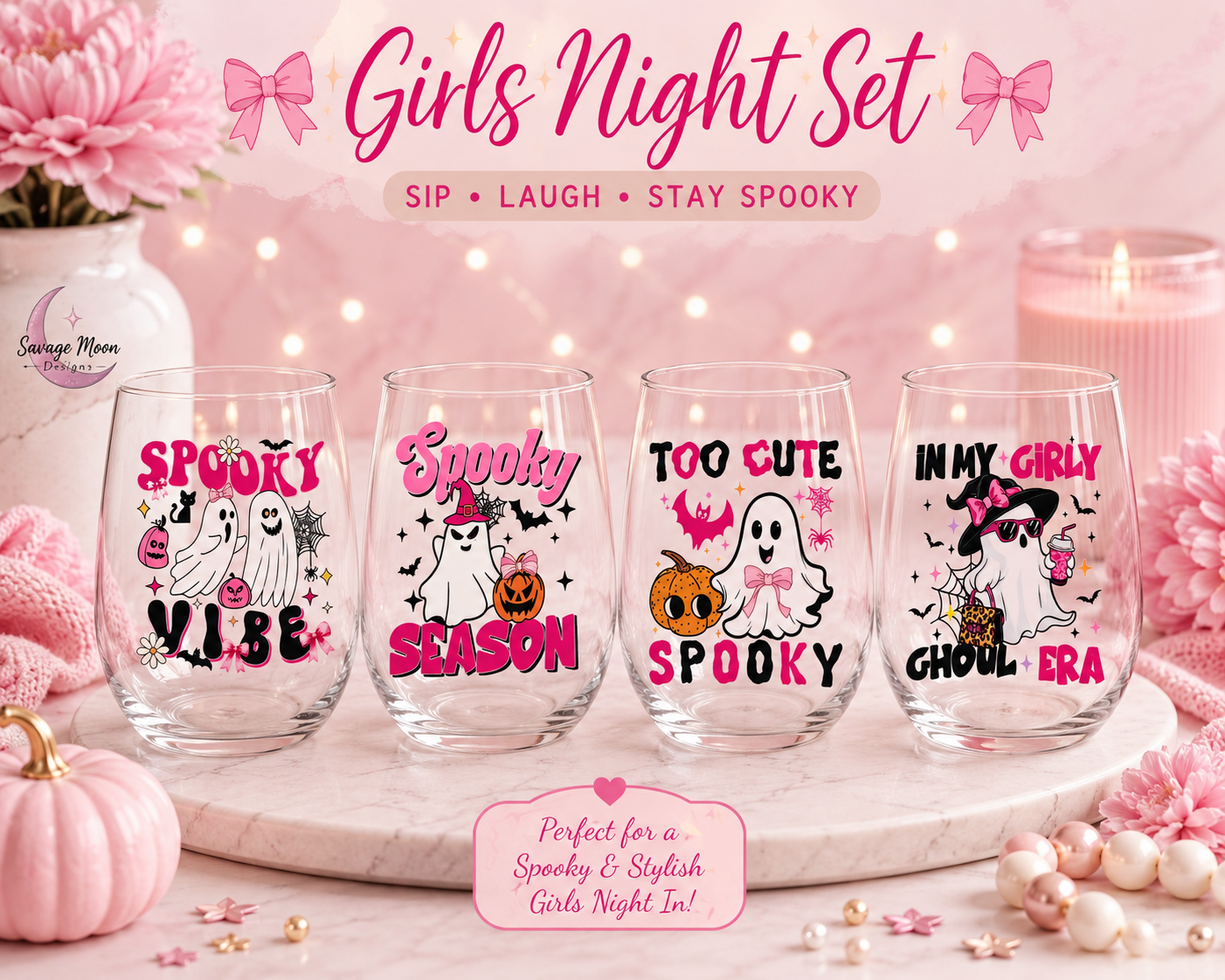 Spooky Ghouls Girls Night Wine Glass Set